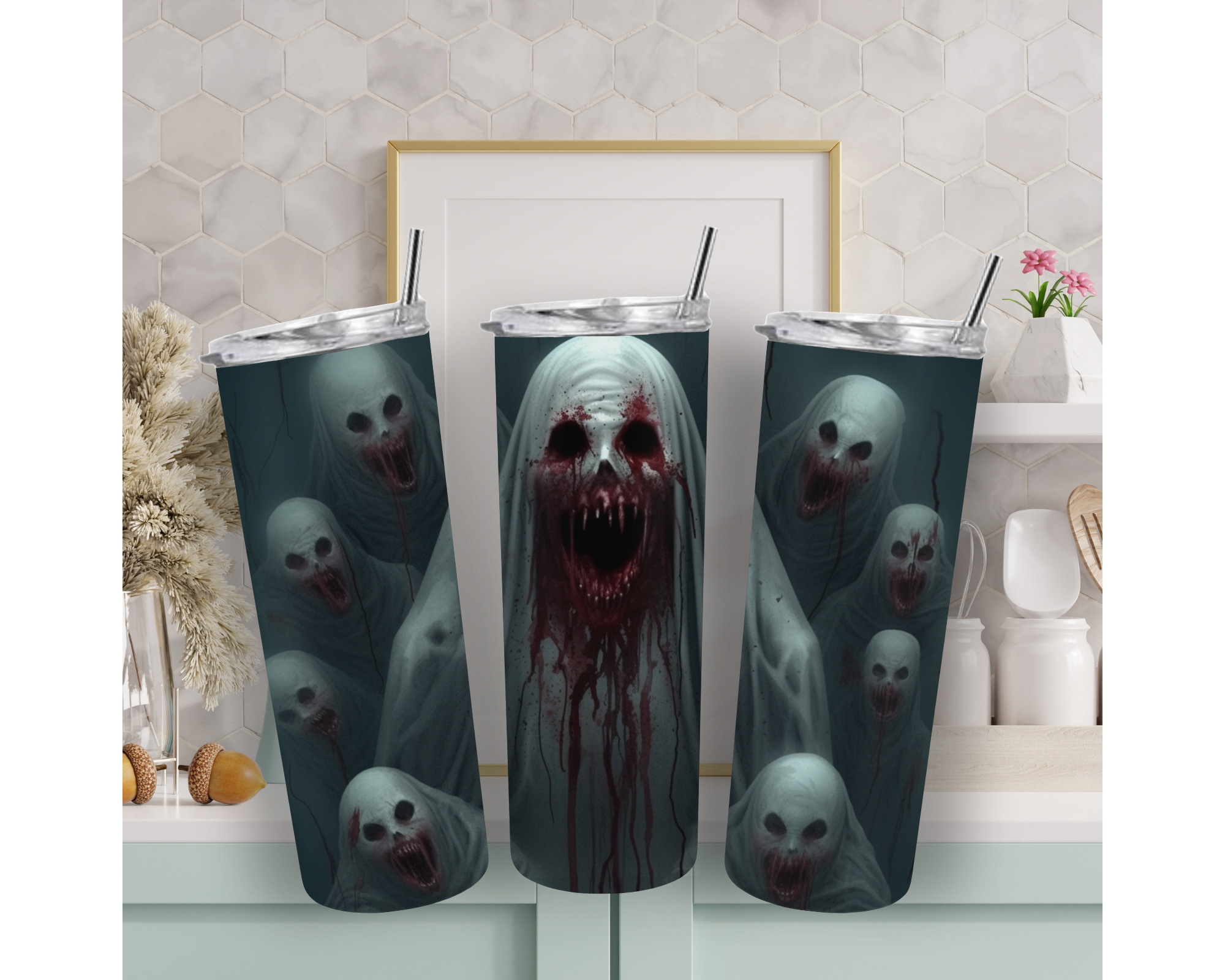 Horror Ghost 20oz Skinny Tumbler with Straw – Scary Halloween Travel Cup