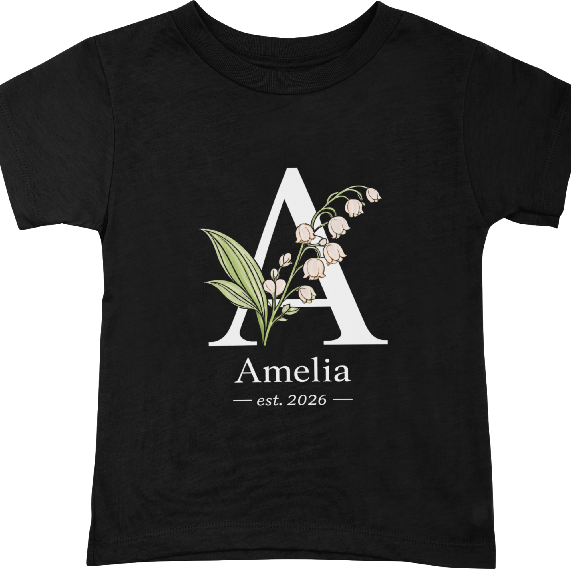 Kids black t-shirt mockup personalised floral initial name est year
