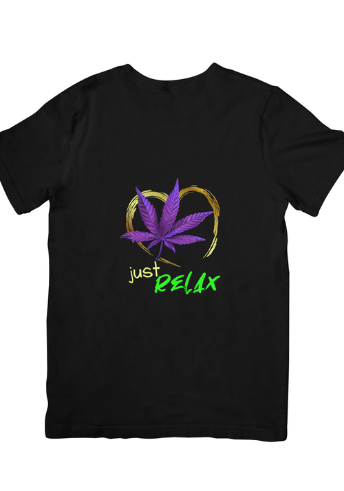 Black t-shirt flatlay mockup with Just Relax purple leaf heart graphic