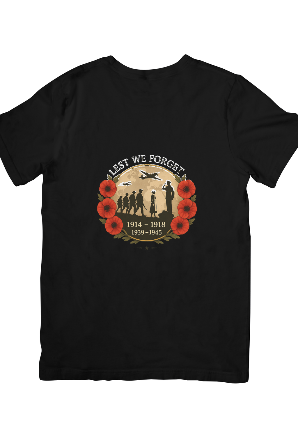 Back/angled black T-shirt mockup showing Lest We Forget poppy remembrance graphic