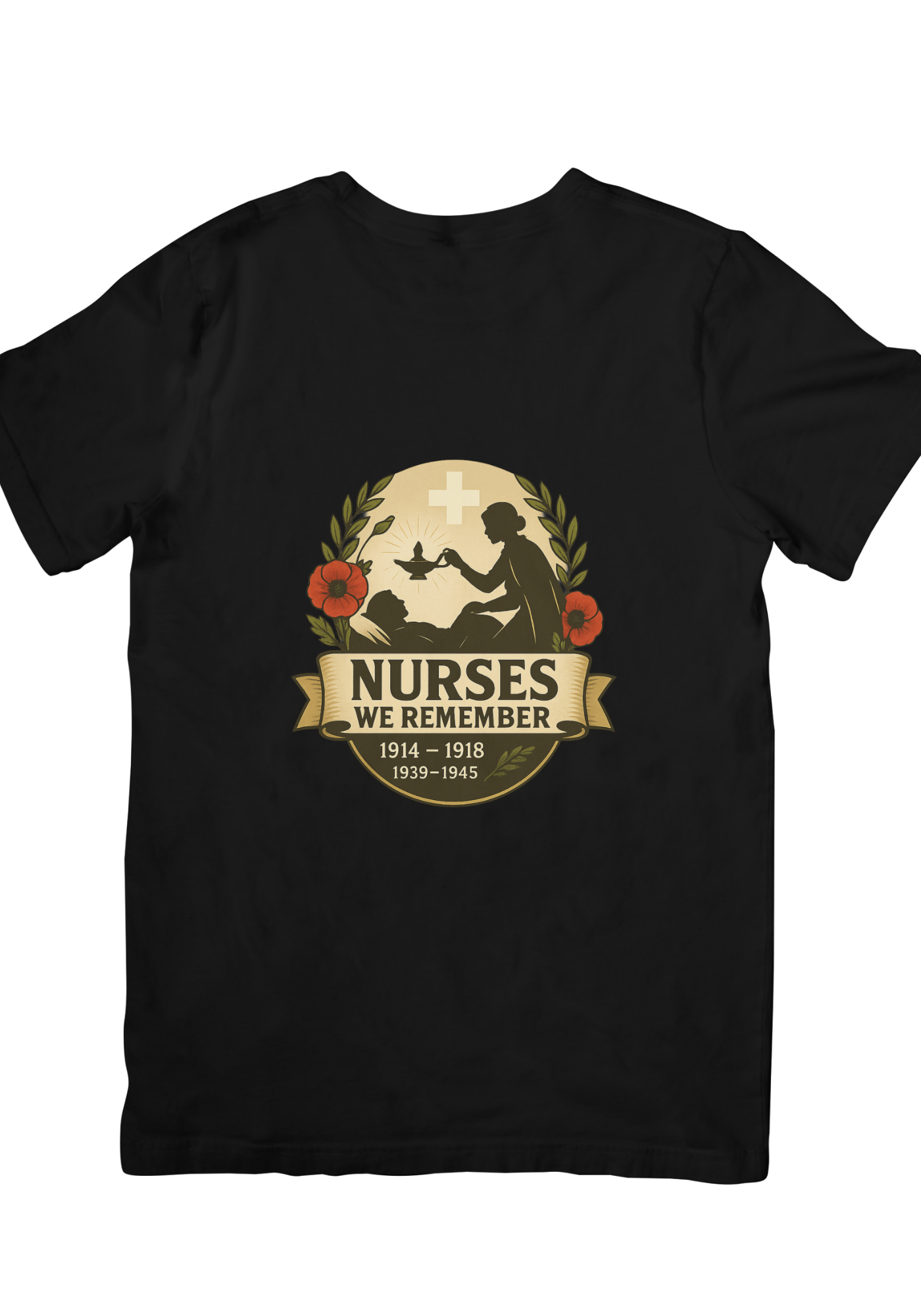 Black t-shirt back/angled view Nurses We Remember remembrance poppy design