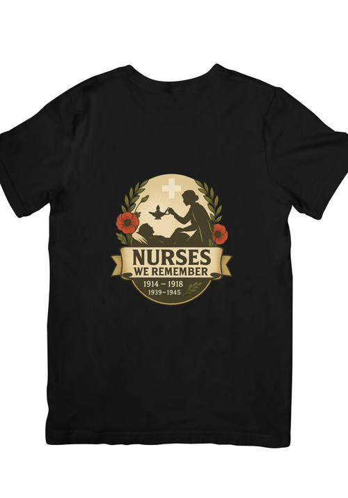 Black t-shirt back/angled view Nurses We Remember remembrance poppy design