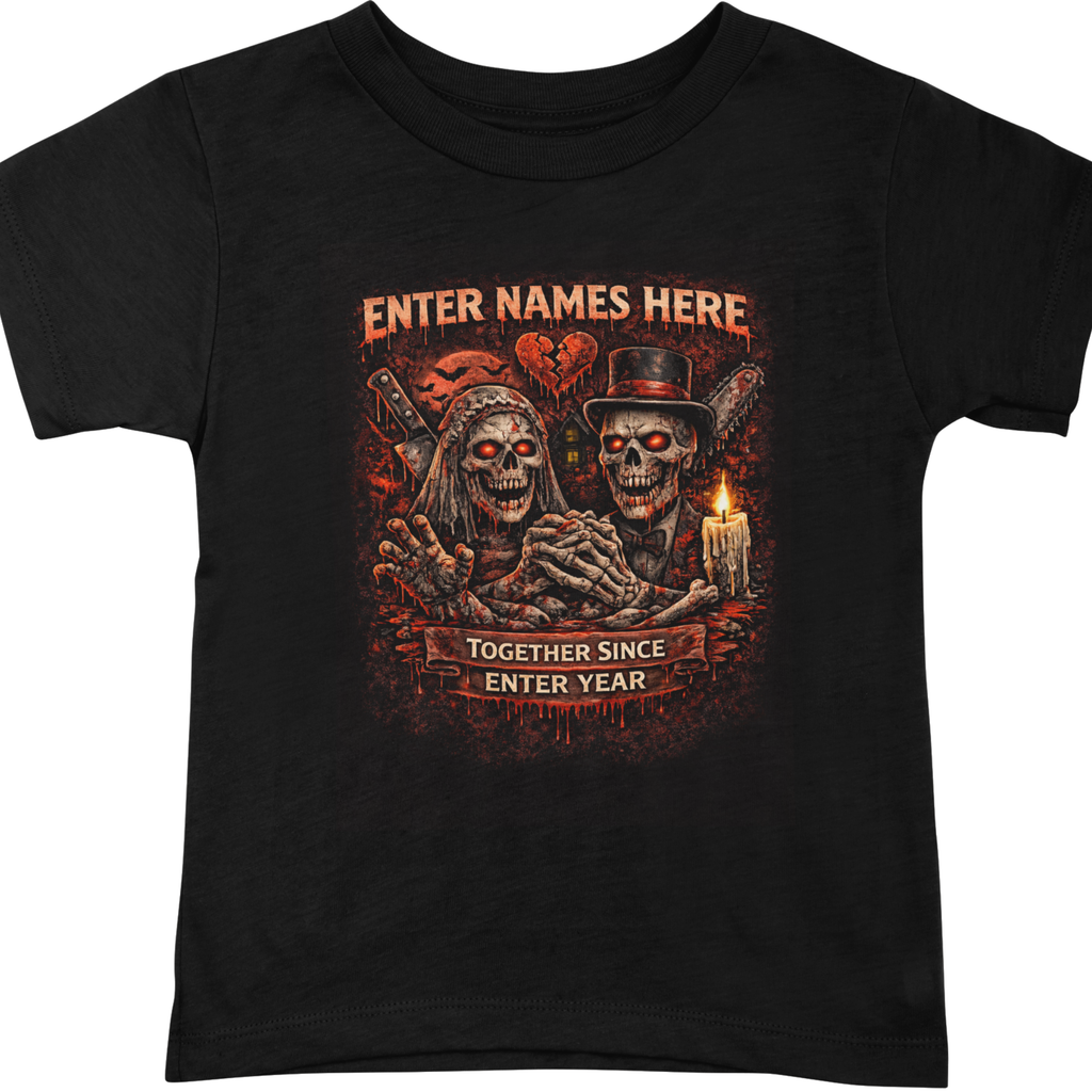 Black t-shirt with a graphic of two skeletons holding hands and a candle, with text 'Enter Names Here' and 'Together Since Enter Year'.