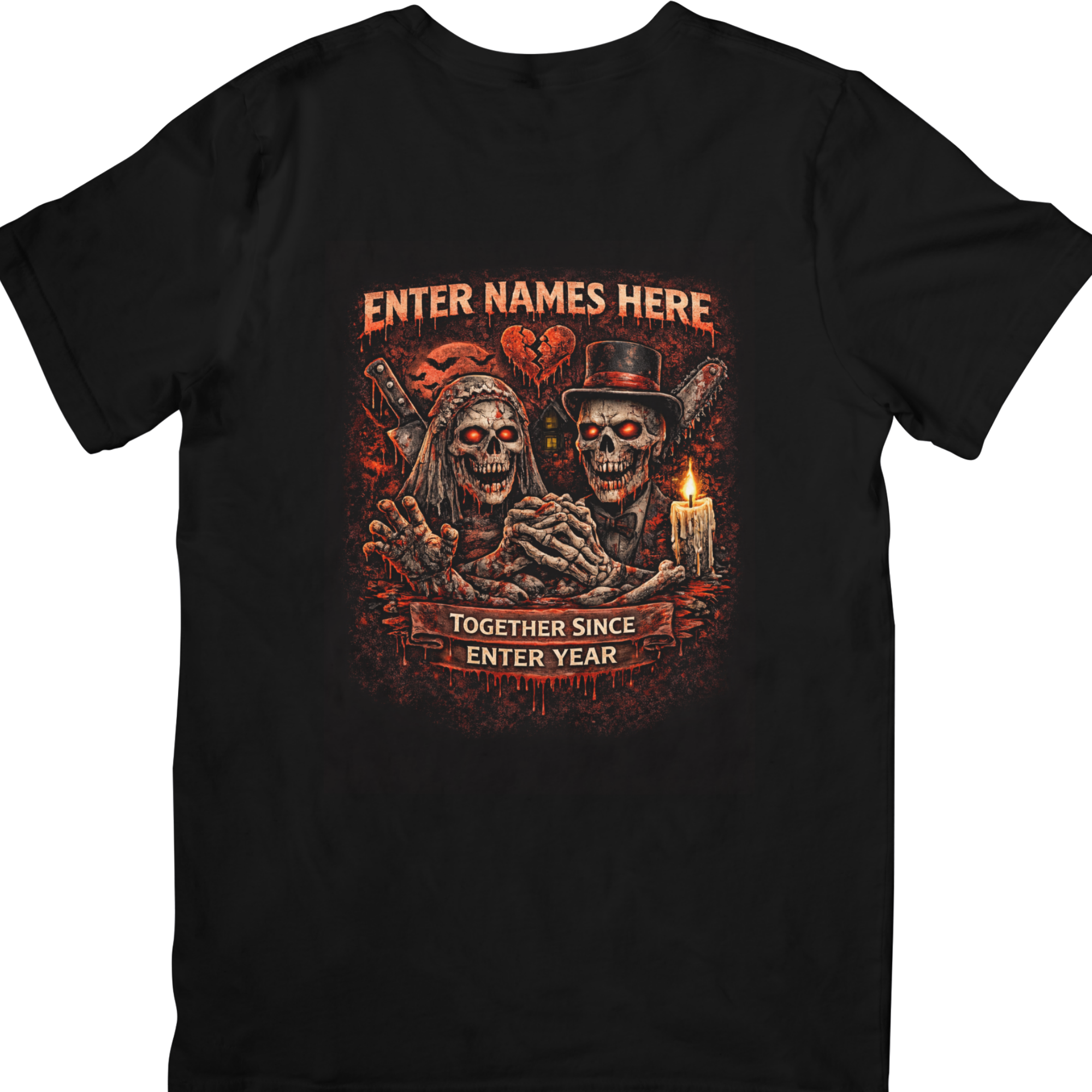 Black t-shirt with a graphic design of two skeletons holding hands, surrounded by text on a white background.