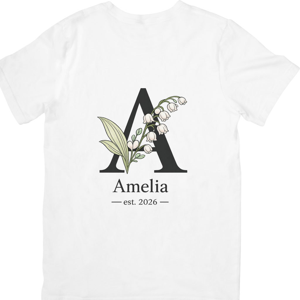 White t-shirt front mockup personalised floral initial and name print