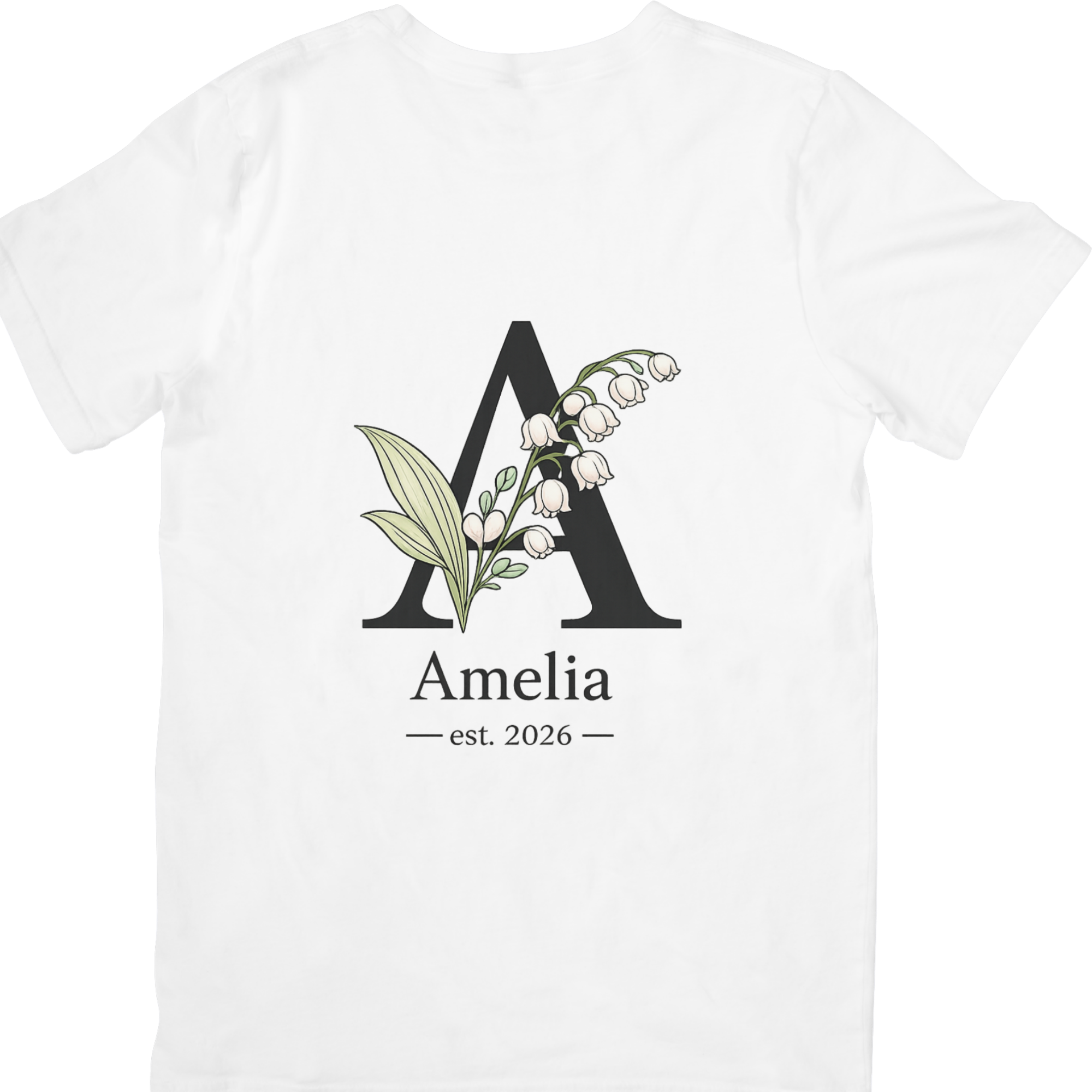 White t-shirt front mockup personalised floral initial and name print