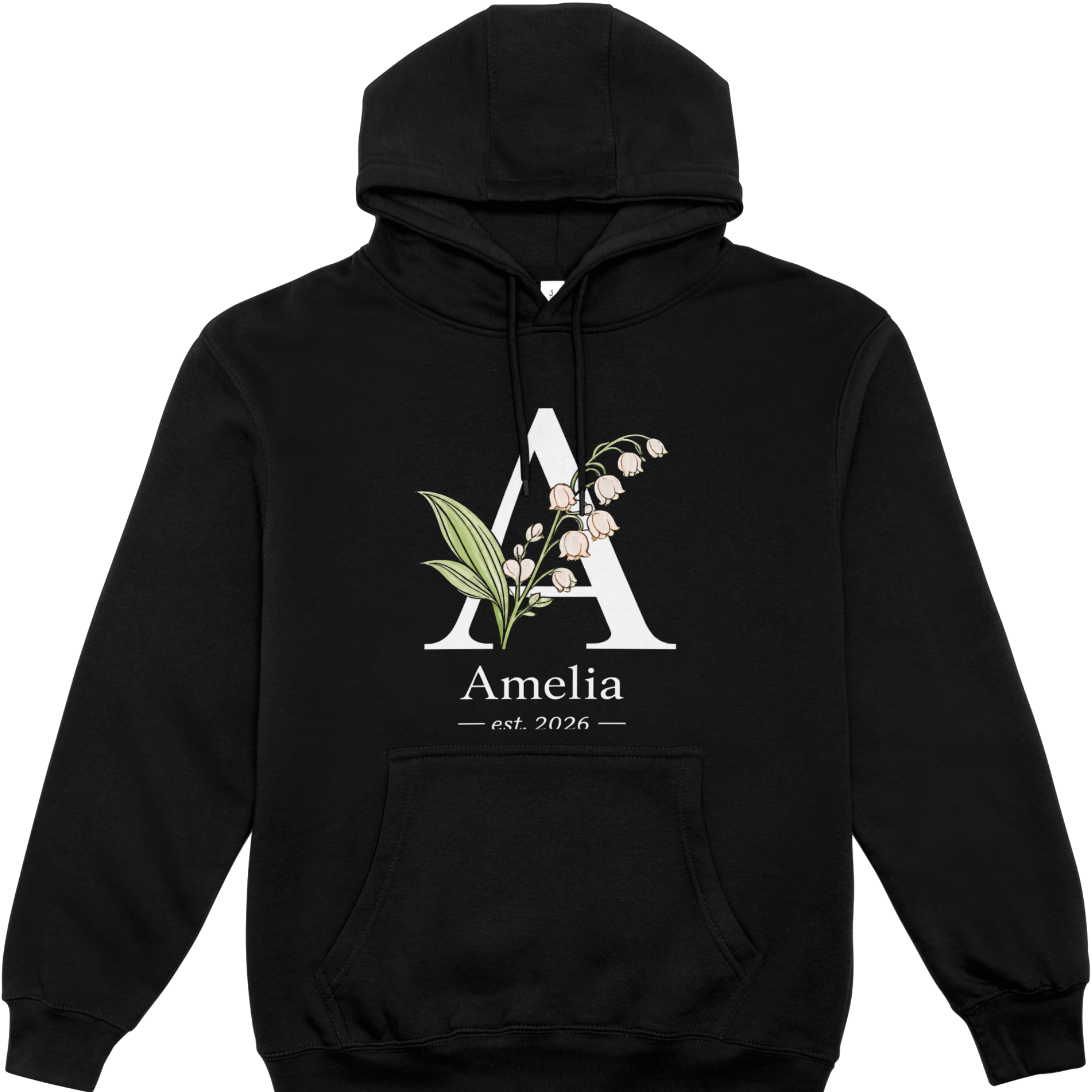 Black personalised floral initial name est year hoodie mockup size S to 5XL