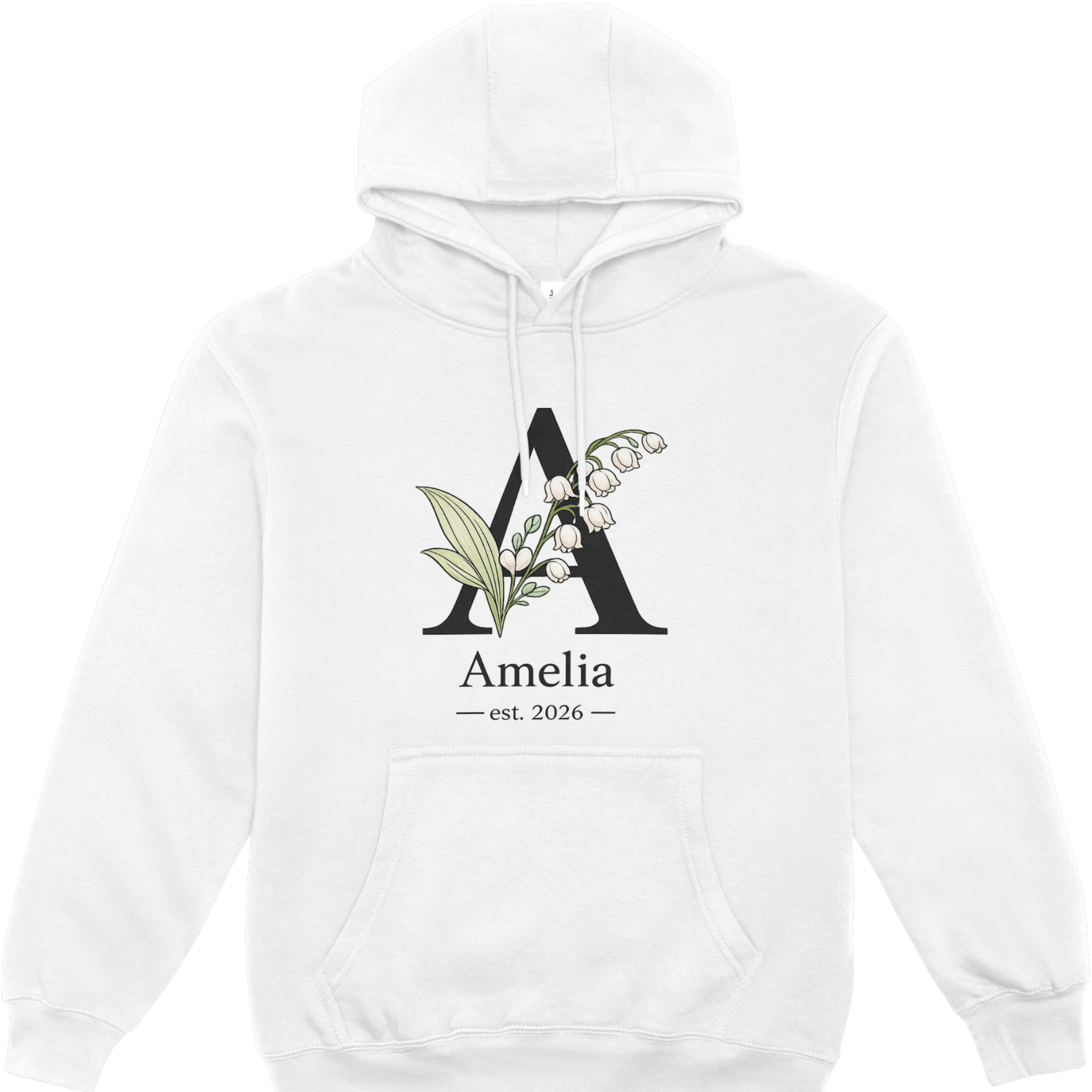 White personalised floral initial name est year hoodie mockup size S to 5XL