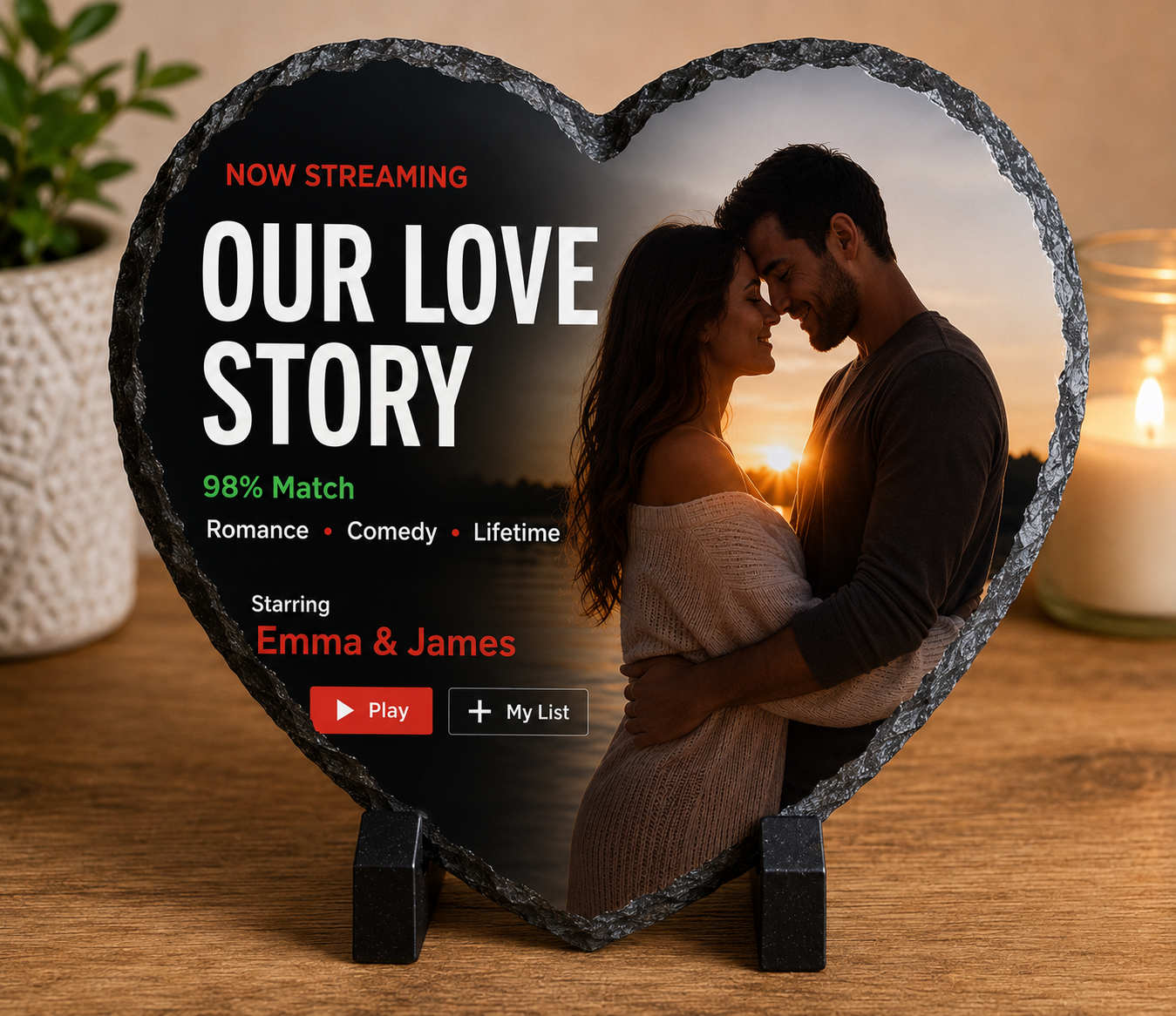 Heart-shaped Our Love Story personalised photo slate