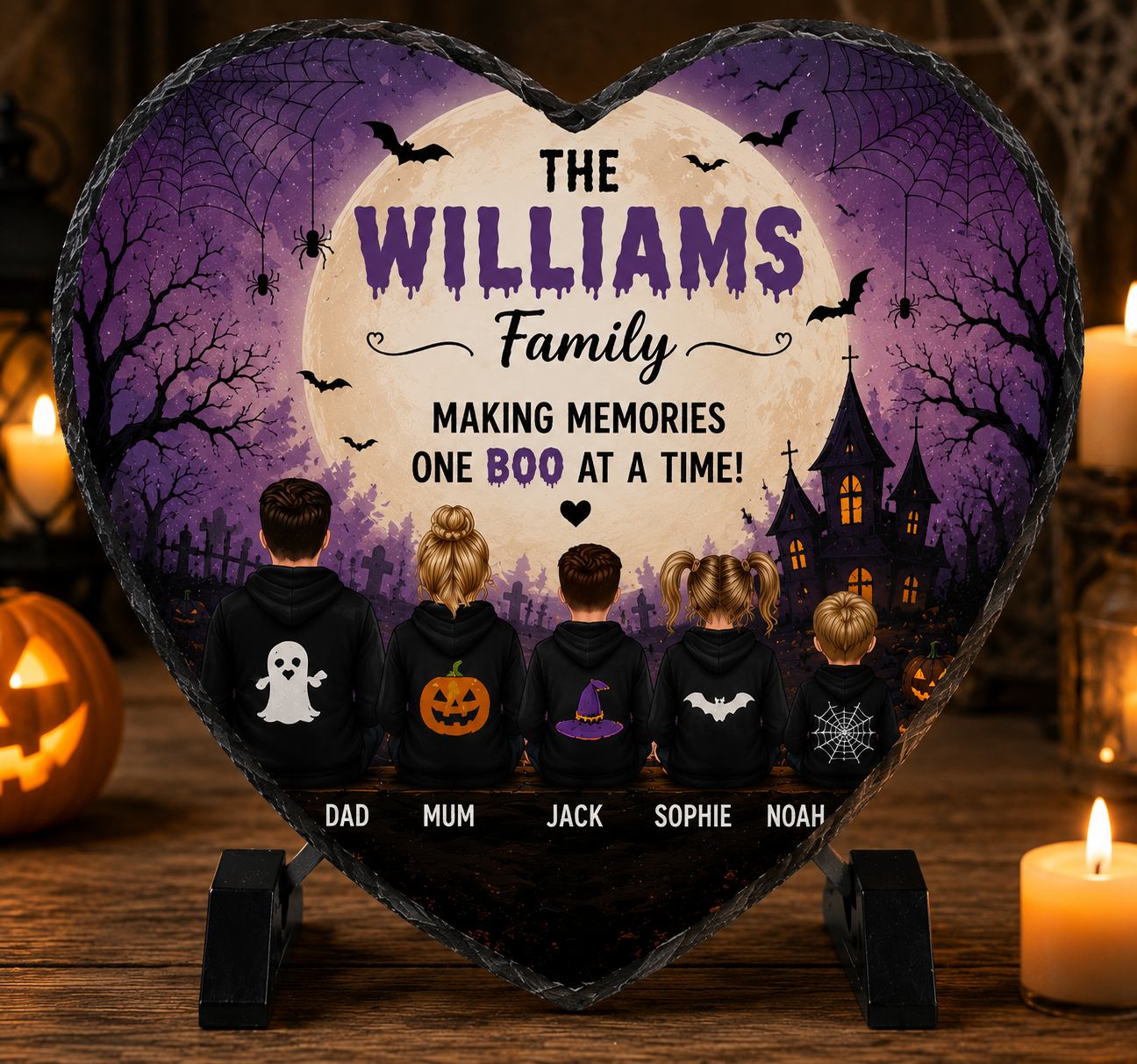 Personalised heart-shaped Halloween family slate with custom family names and spooky design