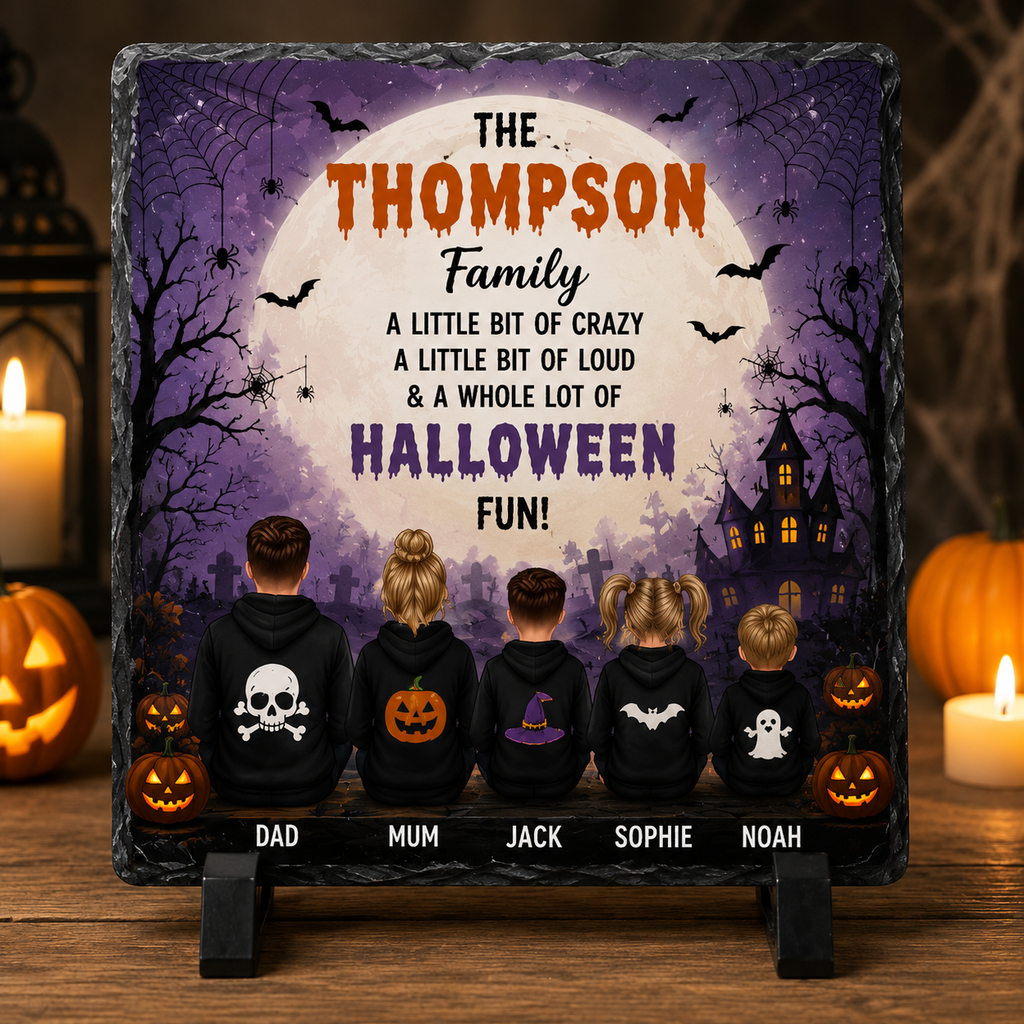 Personalised Halloween family square slate with family surname, names and Halloween characters