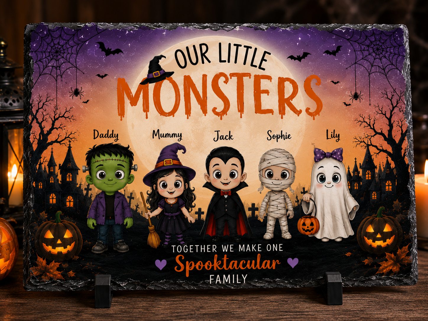 Personalised Our Little Monsters Halloween family rectangle slate with names and spooky characters