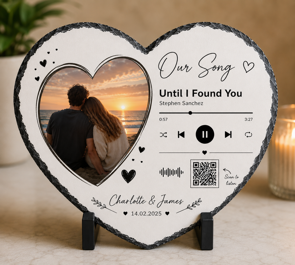 Personalised heart Our Song slate with photograph names date and QR code