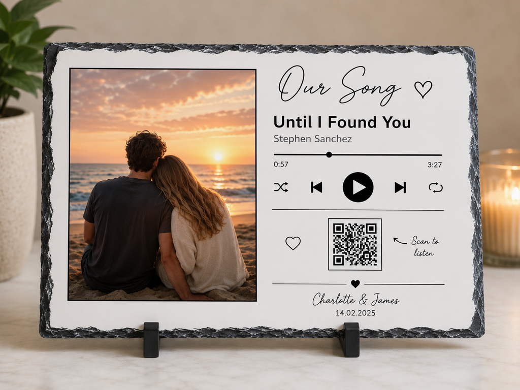 Personalised landscape photo slate with custom song and scannable QR code