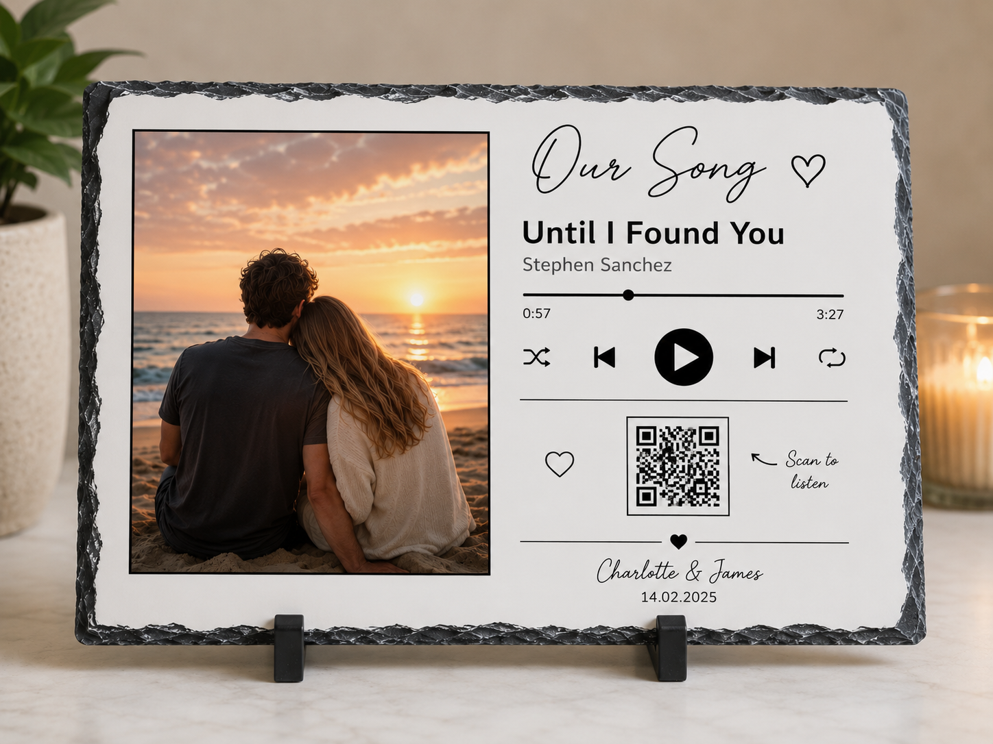 Personalised landscape photo slate with custom song and scannable QR code
