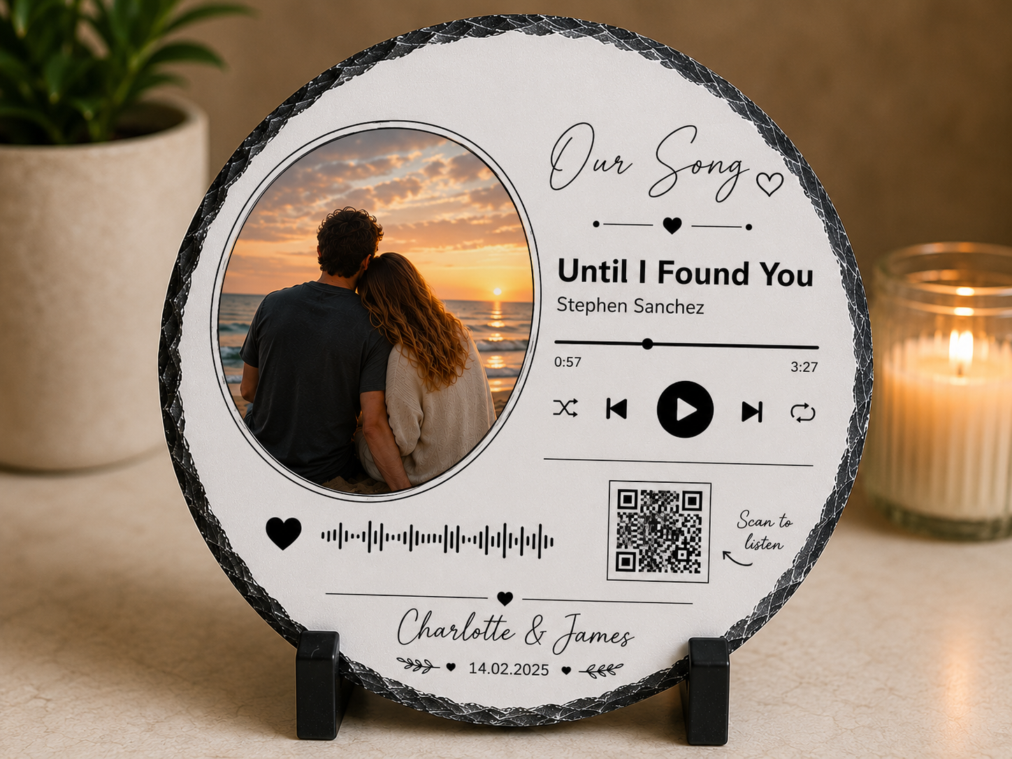 Personalised round Our Song photo slate with song details and QR cod