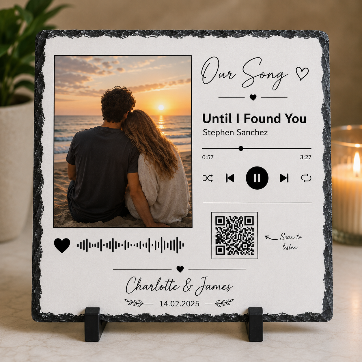 Personalised square music photo slate anniversary gift for couples