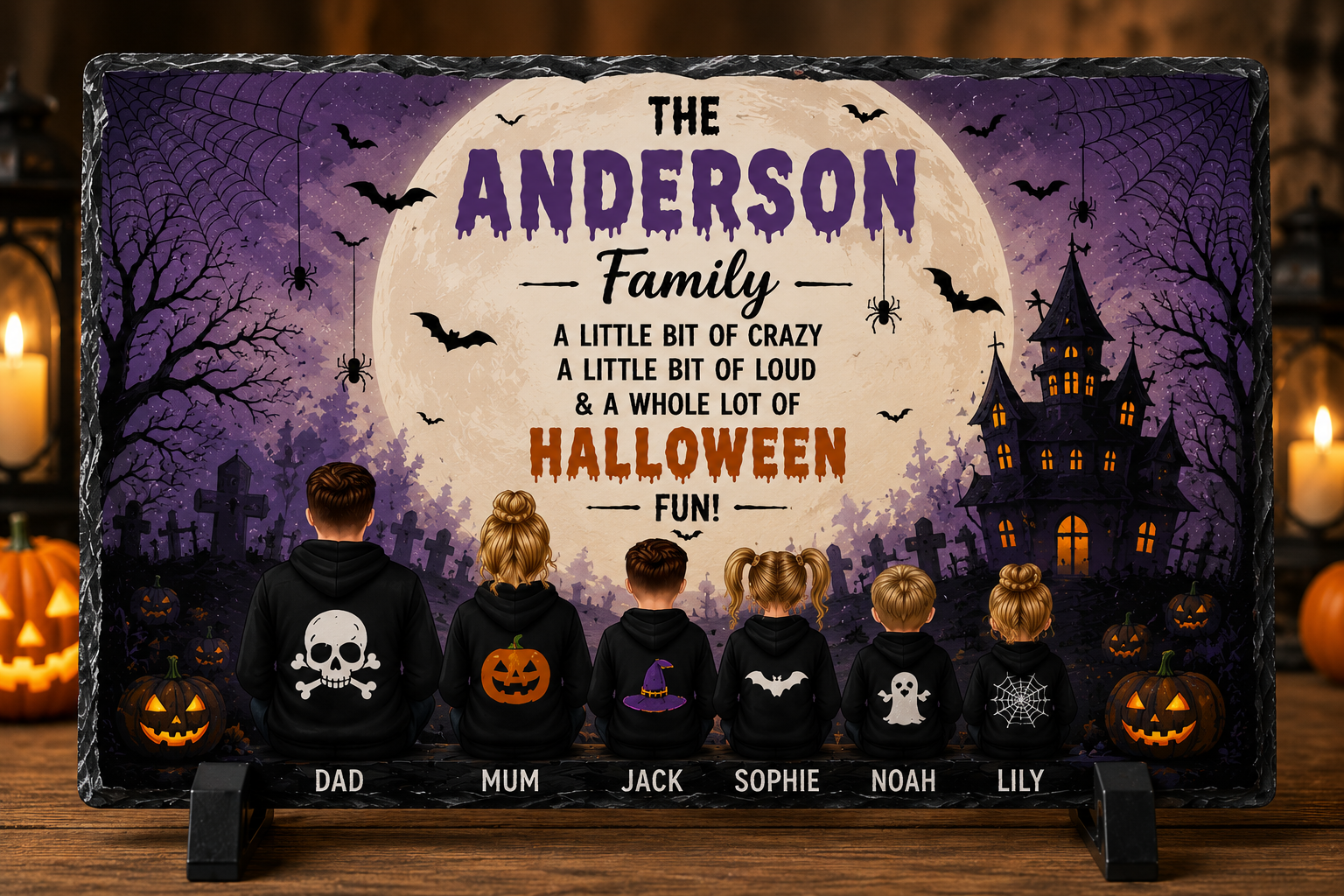 Personalised Halloween family rectangle slate with custom names and spooky haunted house design