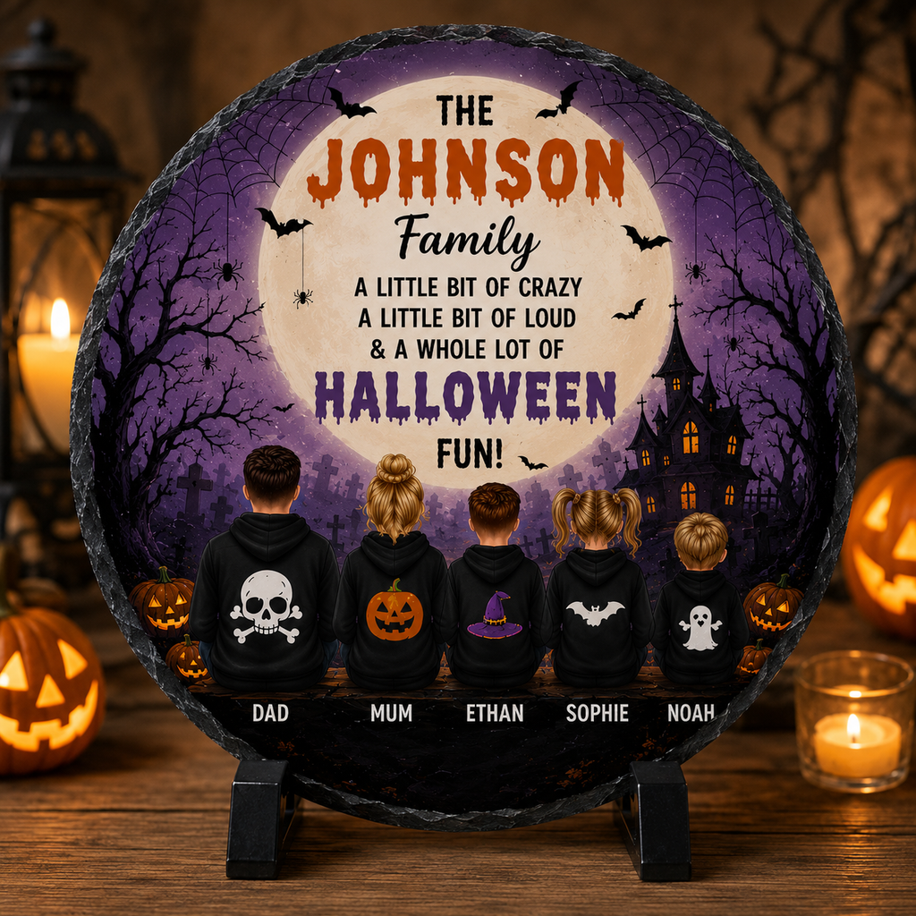 Personalised round Halloween family slate with surname, personalised characters and pumpkins
