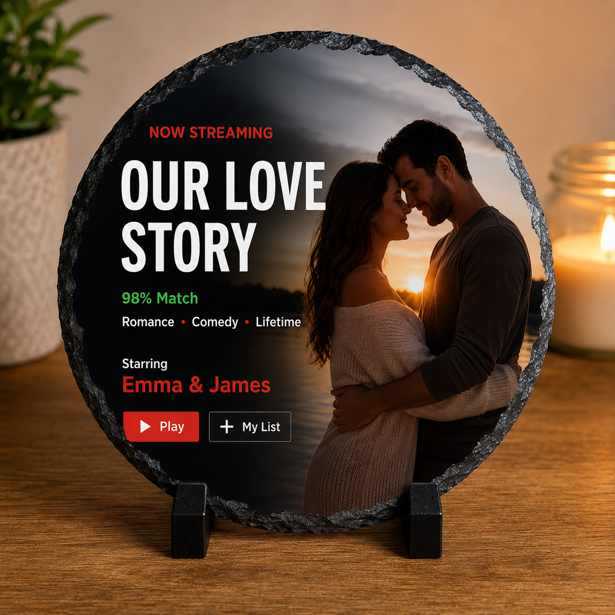 Round personalised couple photo slate with names