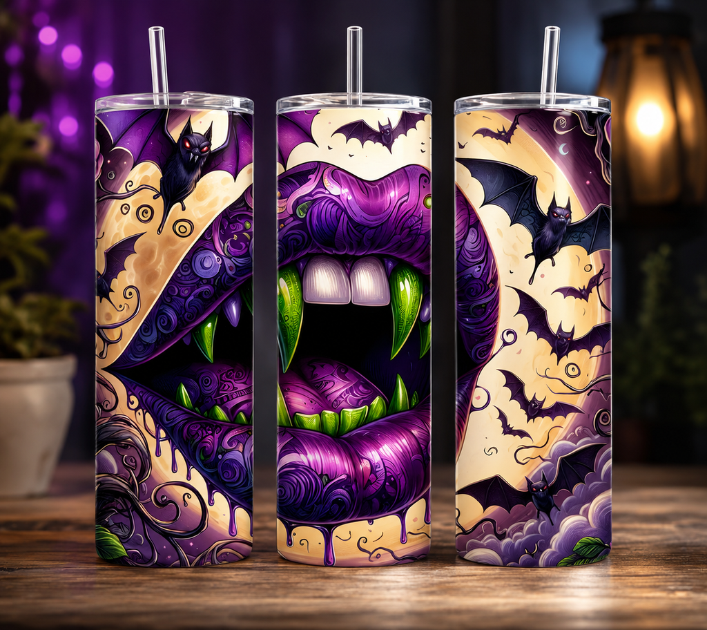Three tall skinny tumblers with clear straws, featuring a detailed Halloween-themed graphic print of a purple monster mouth with green fangs, bats, and cream clouds on a dark background.