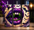 Three tall skinny tumblers with clear straws, featuring a detailed Halloween-themed graphic print of a purple monster mouth with green fangs, bats, and cream clouds on a dark background.