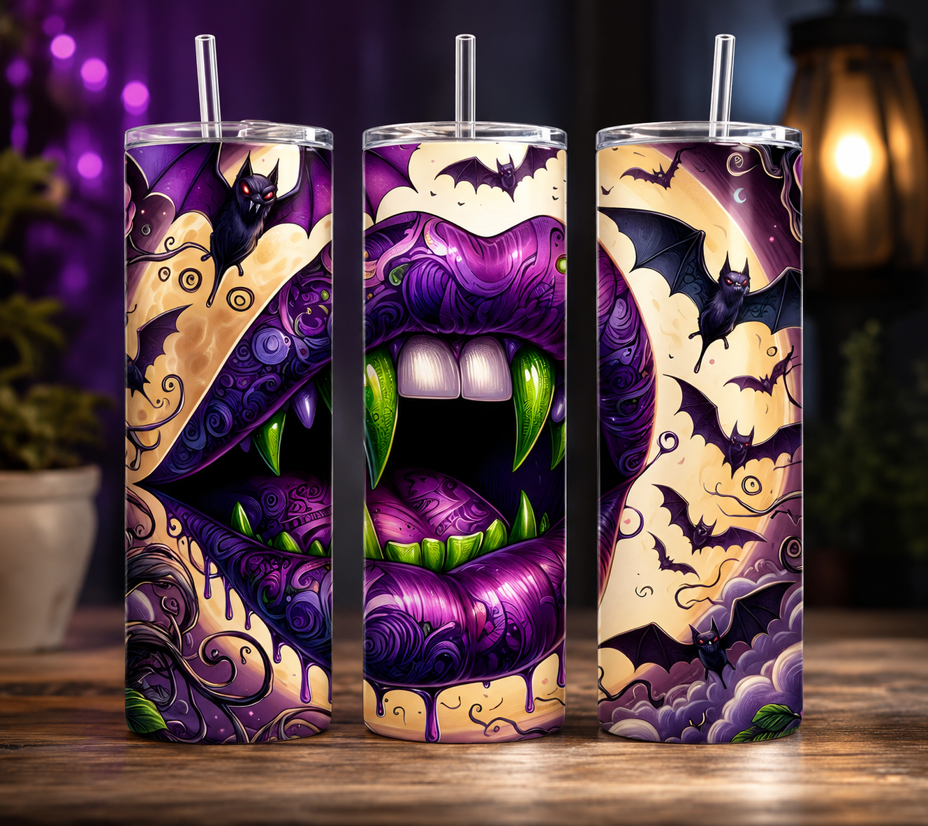 Three tall skinny tumblers with clear straws, featuring a detailed Halloween-themed graphic print of a purple monster mouth with green fangs, bats, and cream clouds on a dark background.