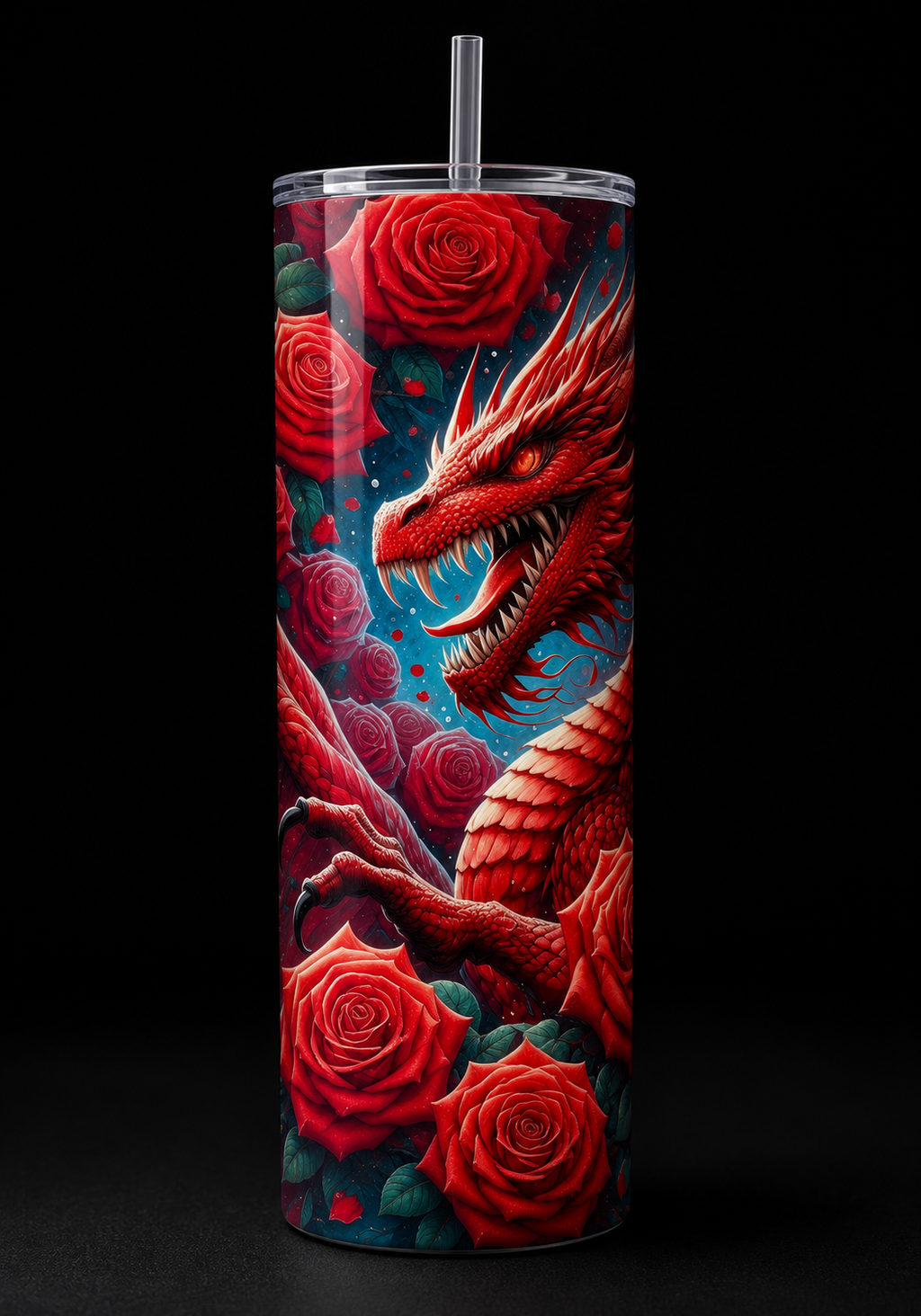 Red dragon and roses 20oz skinny tumbler on black background