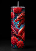 Red dragon and roses 20oz skinny tumbler on black background