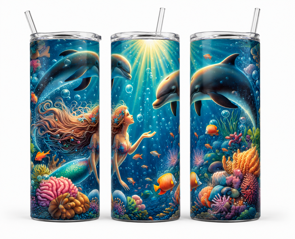Mermaid & Dolphins 20oz Skinny Tumbler – Underwater Ocean Design
