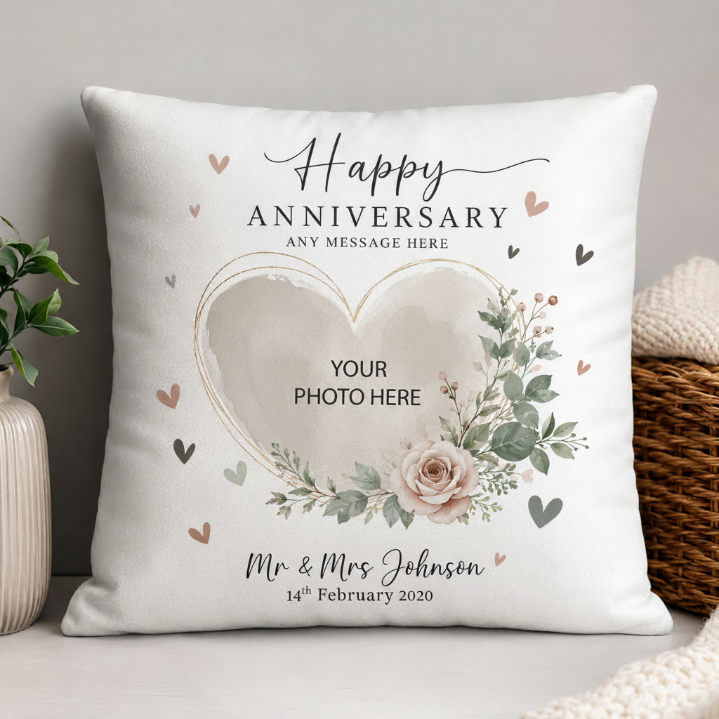 A square white throw pillow with a personalized anniversary design, featuring a large watercolor heart, floral accents, and placeholder text, styled on a light gray surface with a plant and wicker basket in the background.
