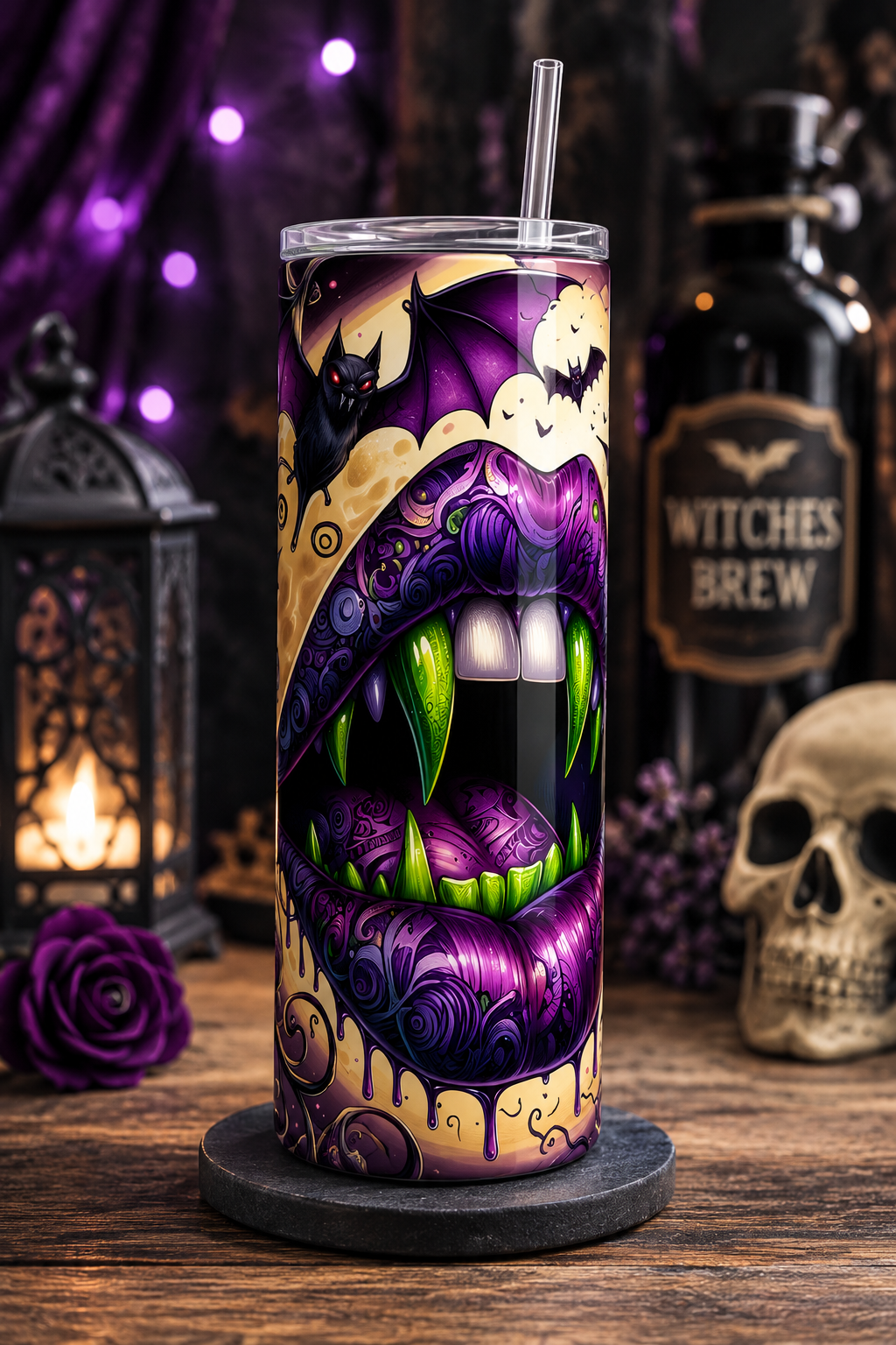 A tall insulated tumbler with a clear lid and straw, featuring a vivid Halloween design of a wide-open mouth with purple lips, green teeth, bats, and clouds on a tan background. The tumbler sits on a dark coaster on a wooden table, surrounded by spooky props including a lantern, a skull, a bottle labeled 'Witches Brew,' and purple roses.
