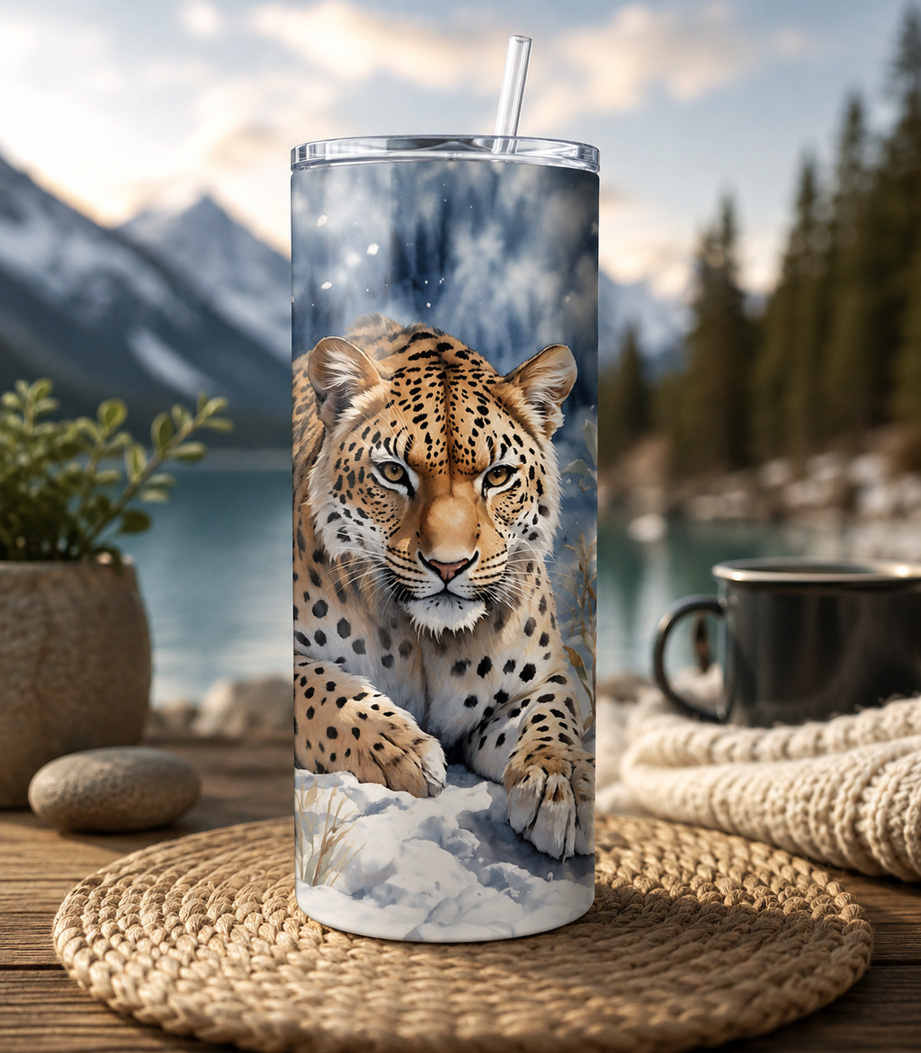 A tall insulated tumbler with a clear lid and straw, printed with a realistic leopard resting in snow, shown on a woven placemat outdoors near a lake and mountains.