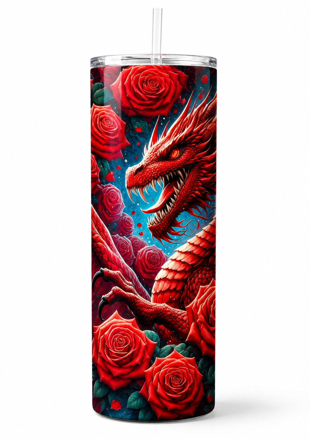 Red dragon gothic travel tumbler on white background