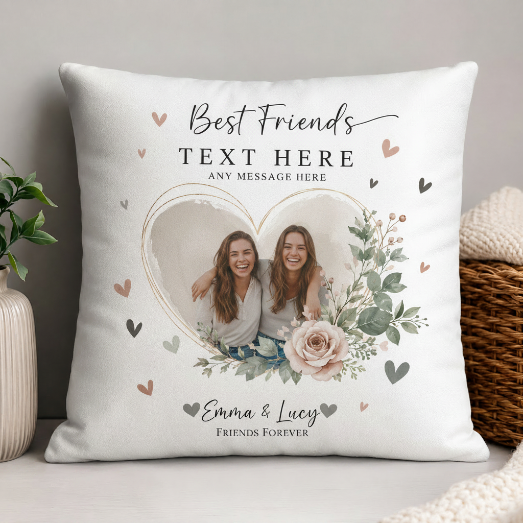 A square white throw pillow with a custom photo and text design, styled on a light gray surface next to a plant and a wicker basket.
