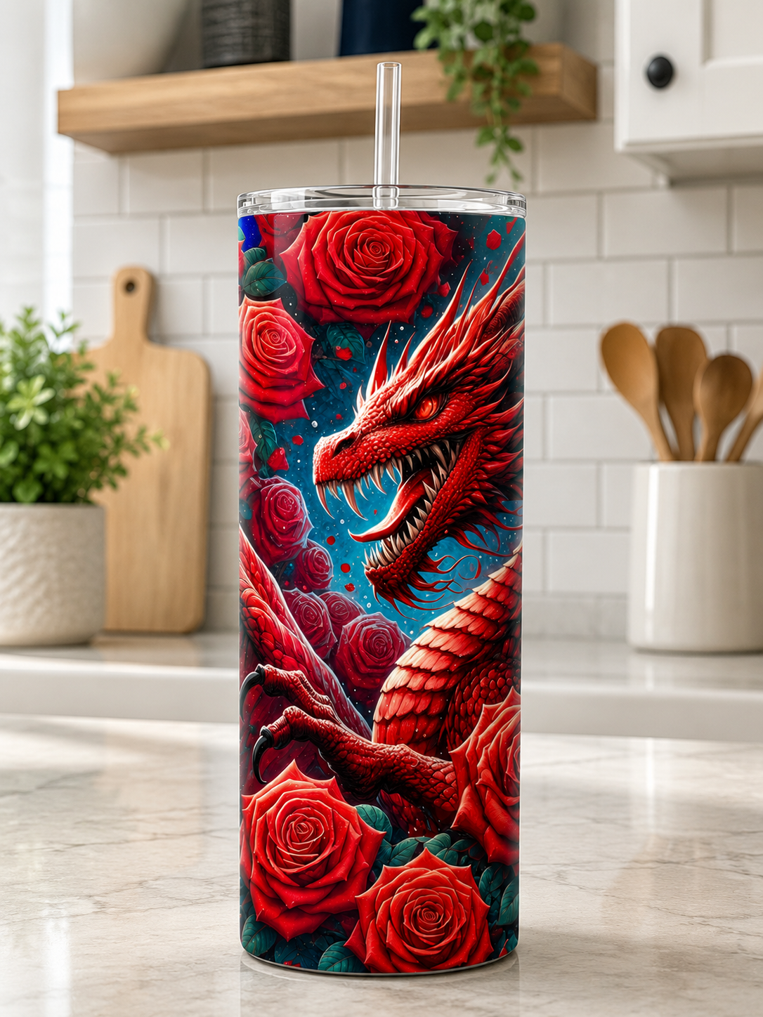 A tall insulated tumbler with a clear lid and straw, featuring a vivid wraparound print of a red dragon surrounded by red roses on a dark blue background, shown standing on a kitchen countertop.