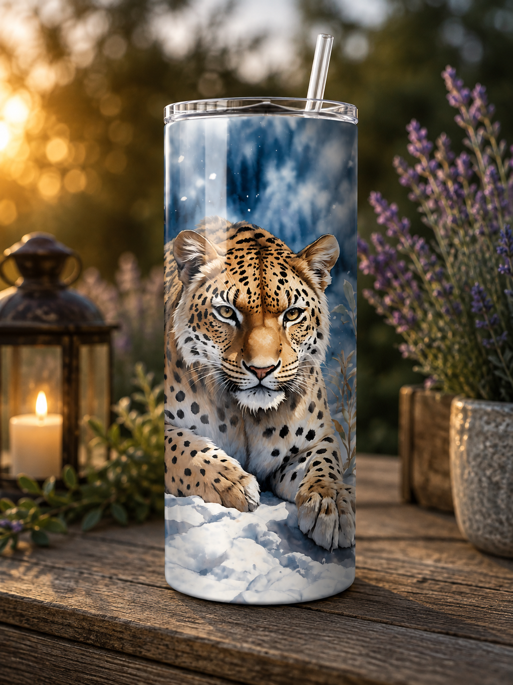 A tall insulated tumbler with a clear lid and straw, printed with a realistic leopard lying in snow artwork, shown standing on a wooden table outdoors with a lantern, plants, and warm blurred background lights.