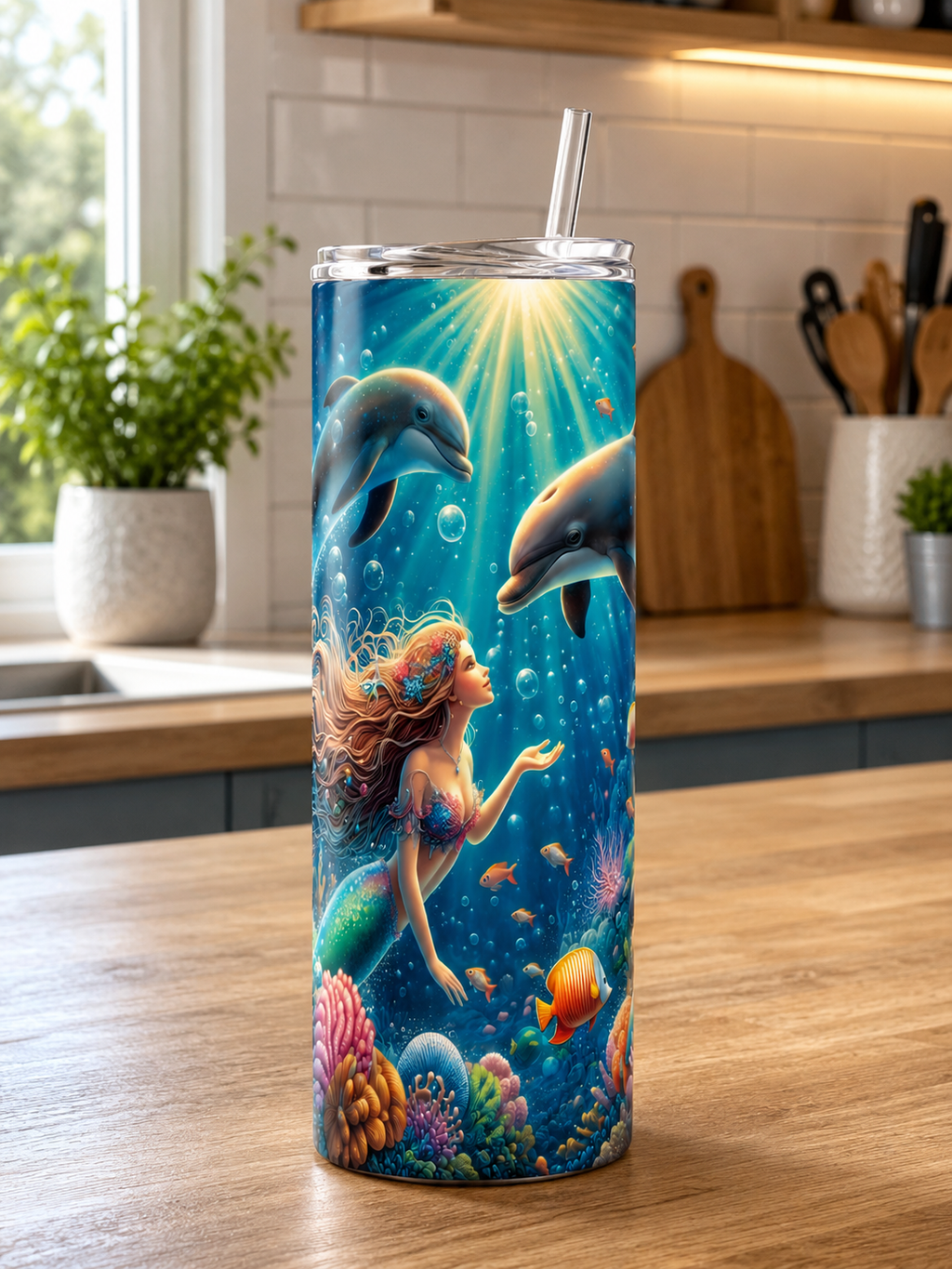 Mermaid & Dolphins 20oz Skinny Tumbler – Underwater Ocean Design