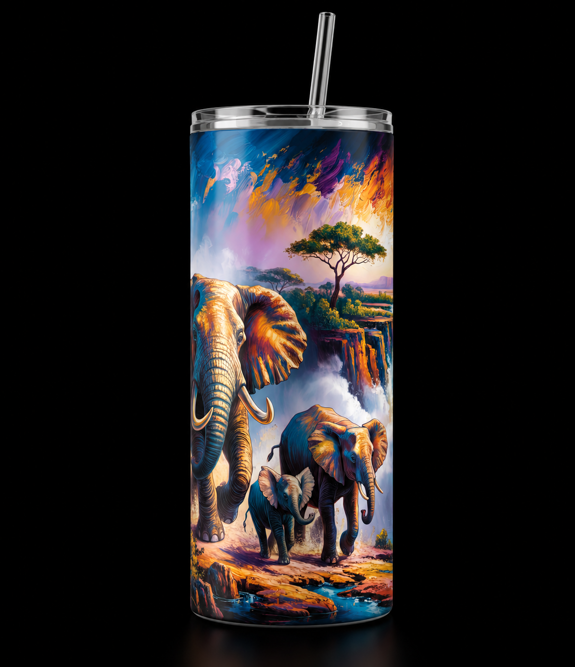 A tall, clear insulated tumbler with a clear straw, featuring a vibrant wrap-around print of an African savanna scene with elephants, a tree, and a colorful sky, shown against a solid black background.