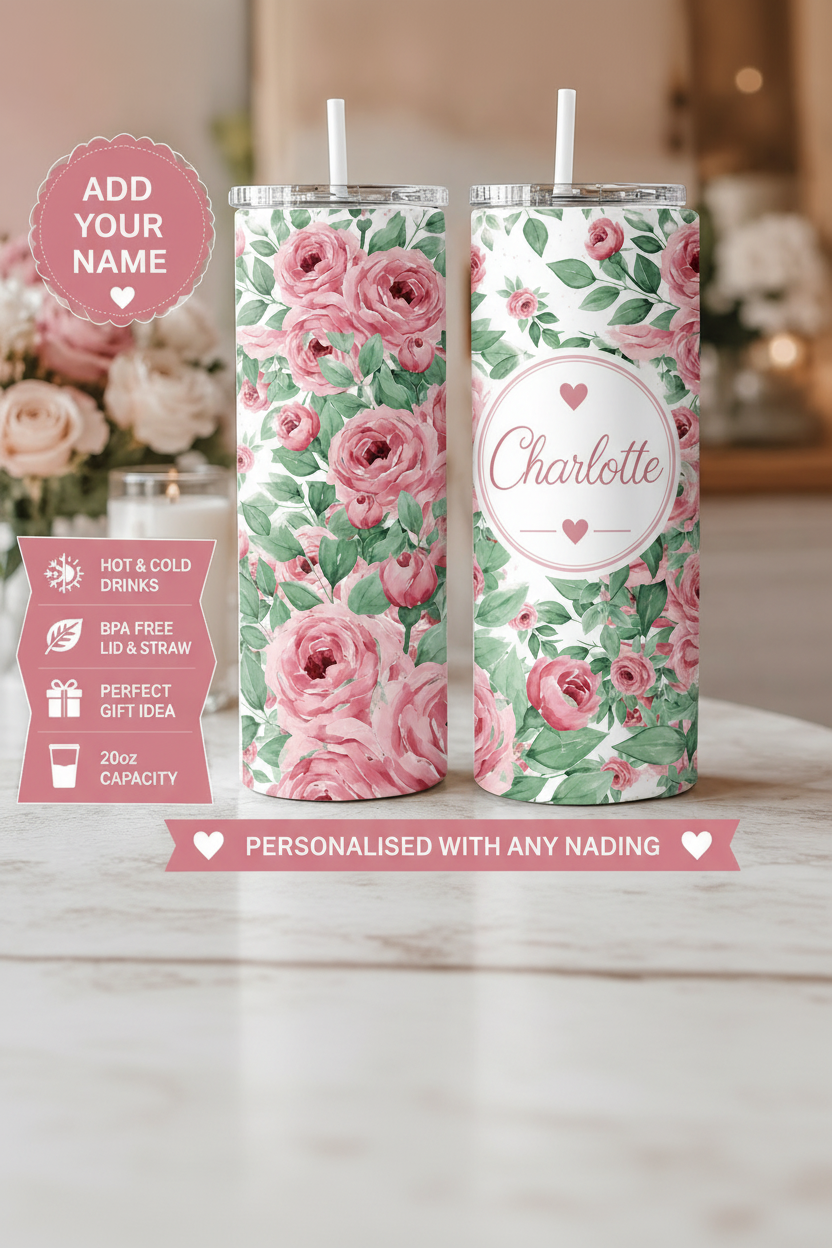 Personalised Pink Rose Floral Tumbler – Add Your Name | 20oz