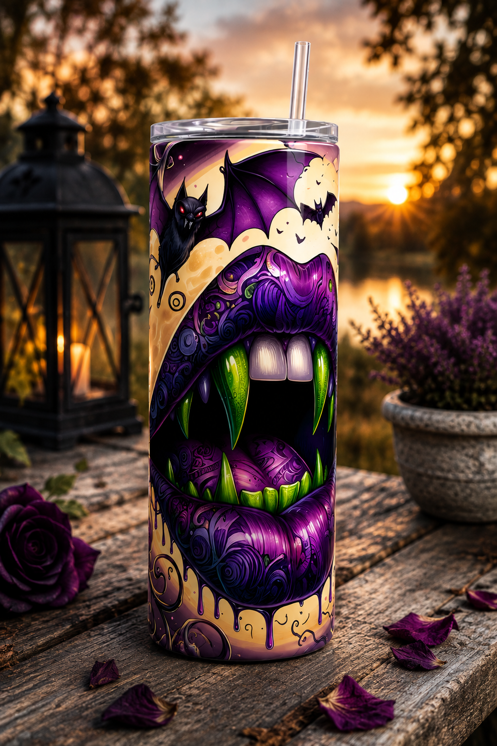 A tall insulated tumbler with a clear lid and straw, featuring a Halloween-themed graphic of purple vampire lips with green teeth and bats, displayed on a rustic wooden table outdoors with a lantern, sunset, and flowers in the background.