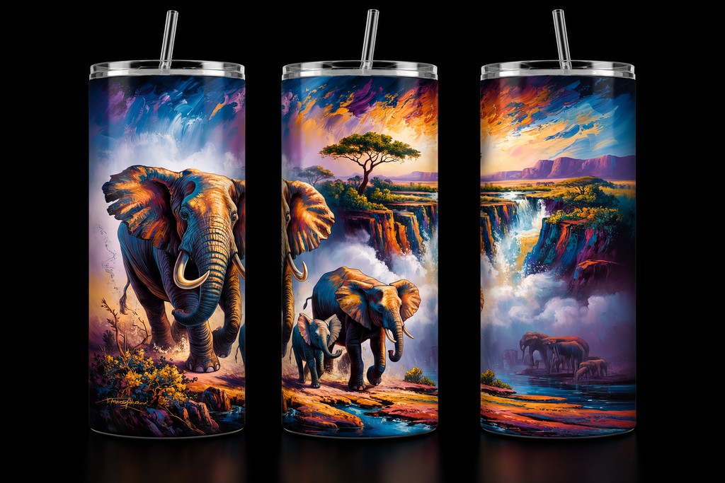 Three tall insulated tumblers with clear lids and straws, each printed with a vivid safari-style scene featuring elephants, waterfalls, mountains, and a tree, shown against a black background.