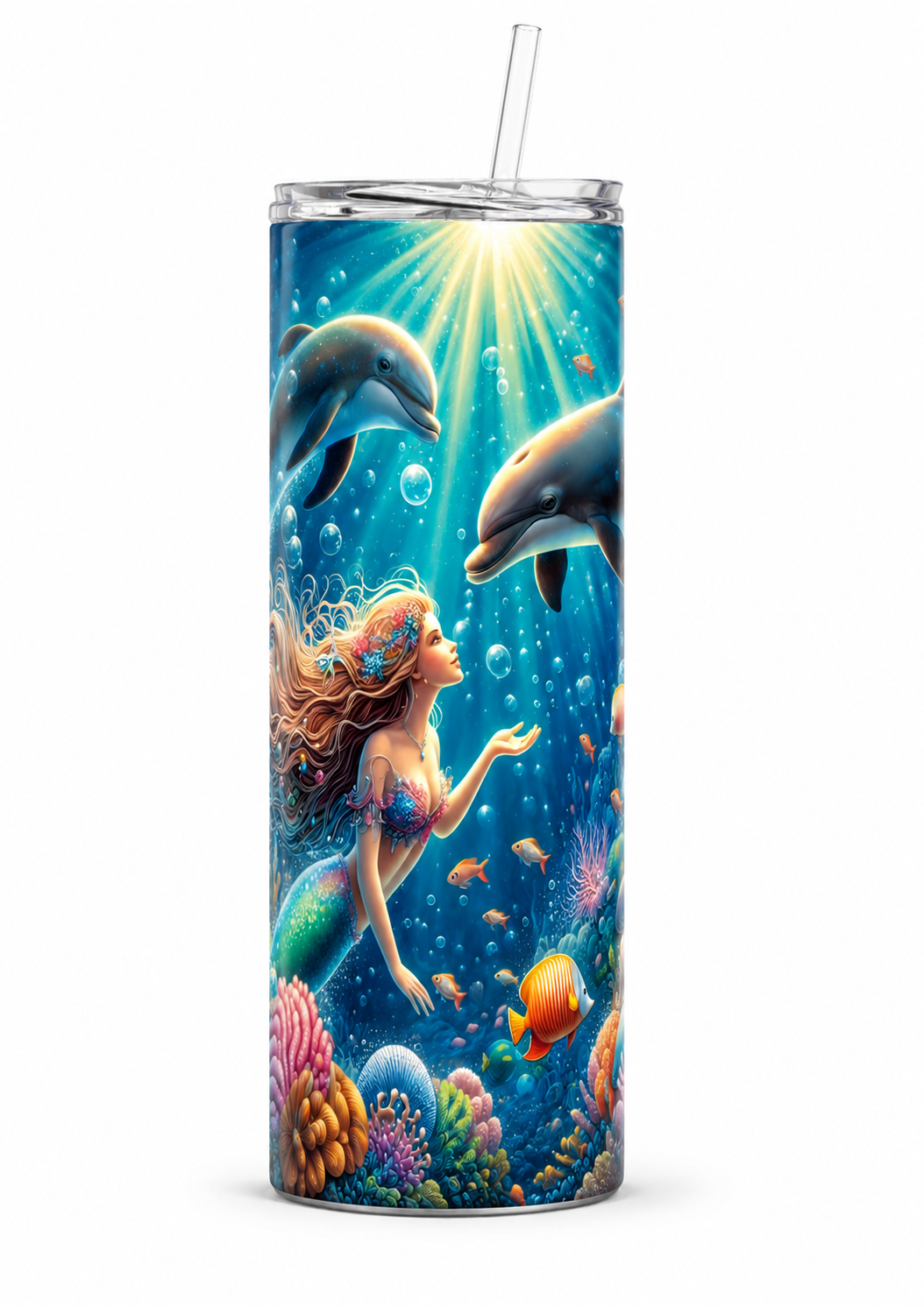 Mermaid & Dolphins 20oz Skinny Tumbler – Underwater Ocean Design