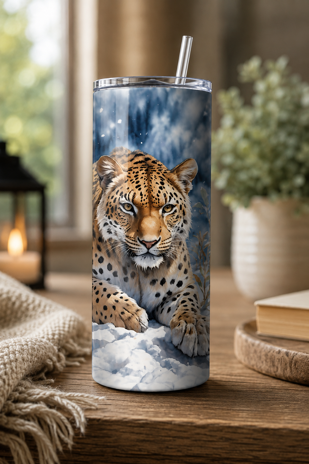 A tall insulated tumbler with a clear lid and metal straw, printed with a detailed leopard resting on snow against a blue winter sky. The tumbler is shown on a wooden table in a cozy indoor setting with a candle, plant, and books in the background.