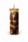 A tall insulated tumbler with a clear lid and metal straw, featuring a printed illustration of a long-haired brown dachshund dog on the front, shown on a light gray background.