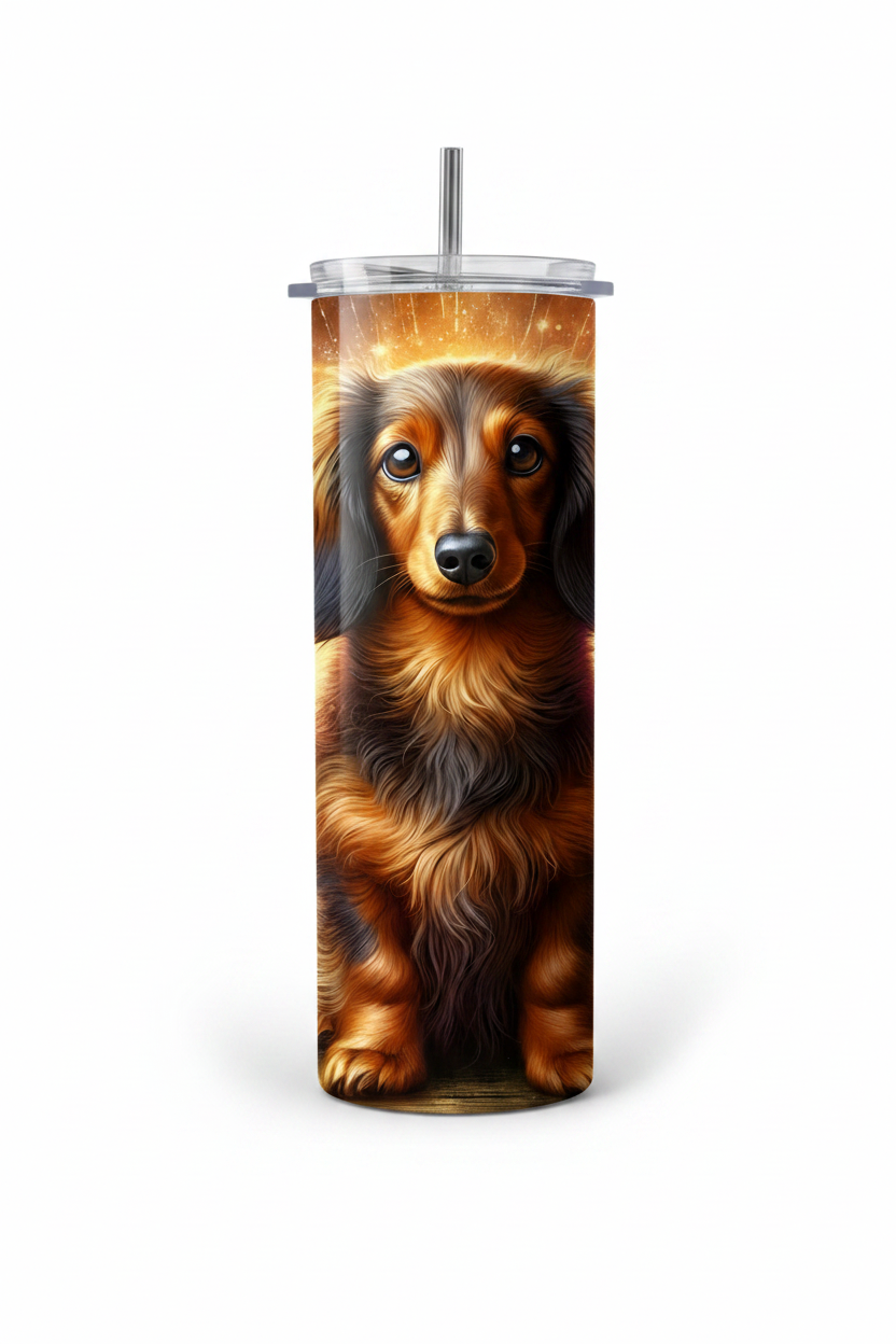 A tall insulated tumbler with a clear lid and metal straw, featuring a printed illustration of a long-haired brown dachshund dog on the front, shown on a light gray background.