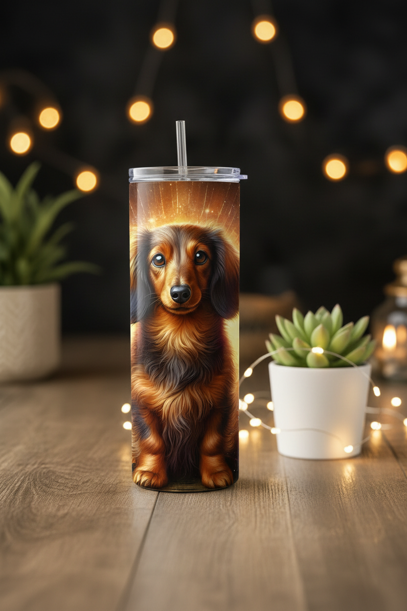 A tall insulated tumbler with a clear lid and straw, featuring a printed illustration of a dachshund dog, set on a wooden table with warm string lights and small potted plants in the background.