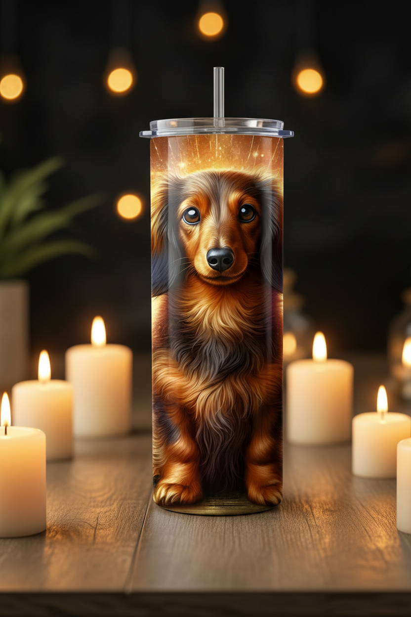 A tall insulated tumbler with a clear lid and straw, featuring a printed illustration of a long-haired dachshund dog. The tumbler is centered on a wooden table surrounded by lit white candles, with a dark, softly blurred background containing warm hanging lights.