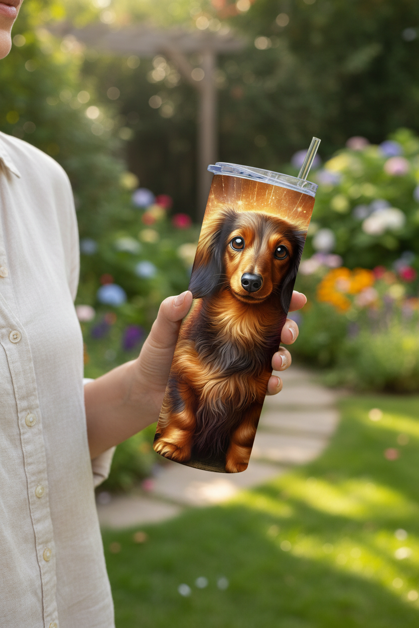 A person in a light beige shirt holds a tall insulated tumbler with a clear lid and straw. The tumbler is printed with a detailed illustration of a long-haired dachshund dog, set against a blurred garden background.