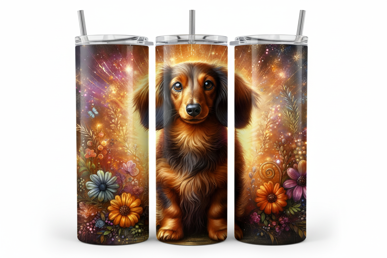 Three tall insulated tumblers with clear lids and straws, shown side by side. The tumblers feature a wraparound printed design of a long-haired dachshund dog centered against a glowing floral and starry background.